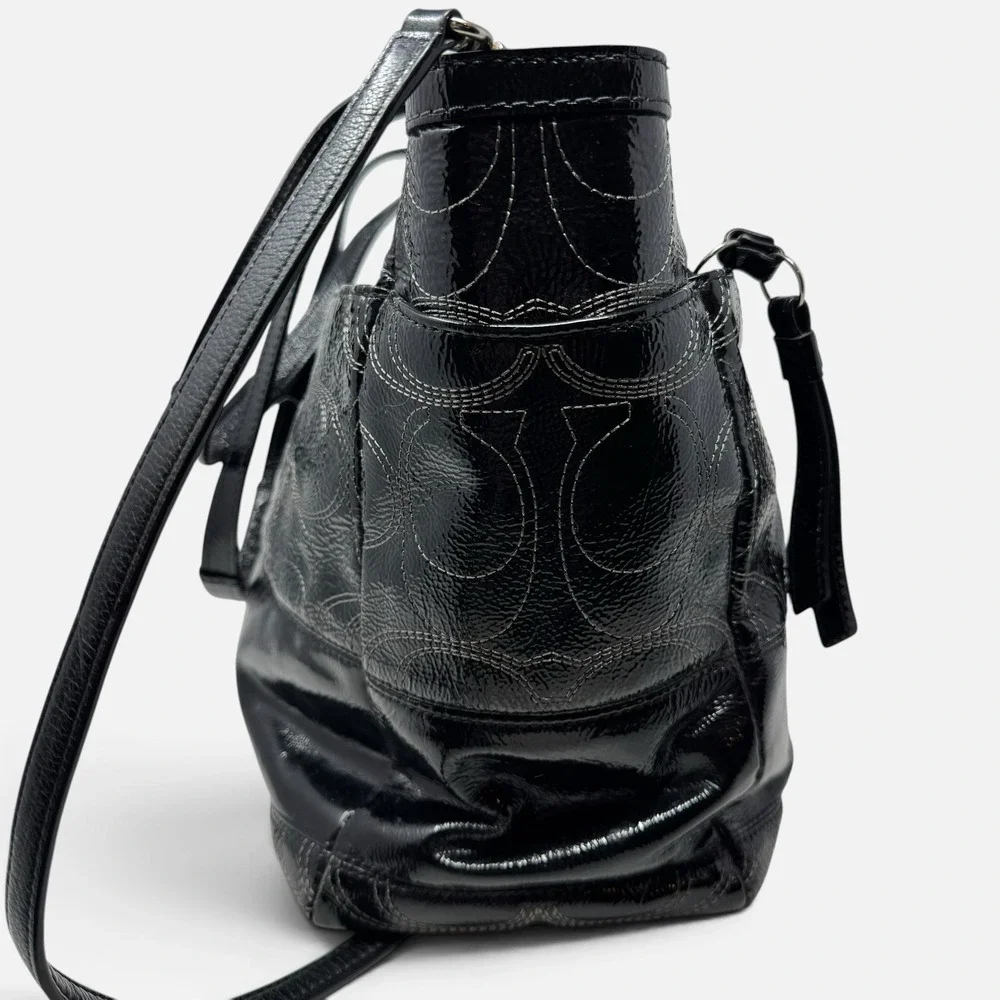 Coach Black Patent Leather Stitched C Baby Bag Diaper Tote Crossbody Travel Bag